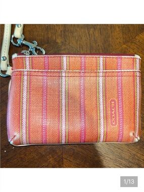 Coach  Vintage wristlet  coated canvas stripe Orange pink sage white/tan leather